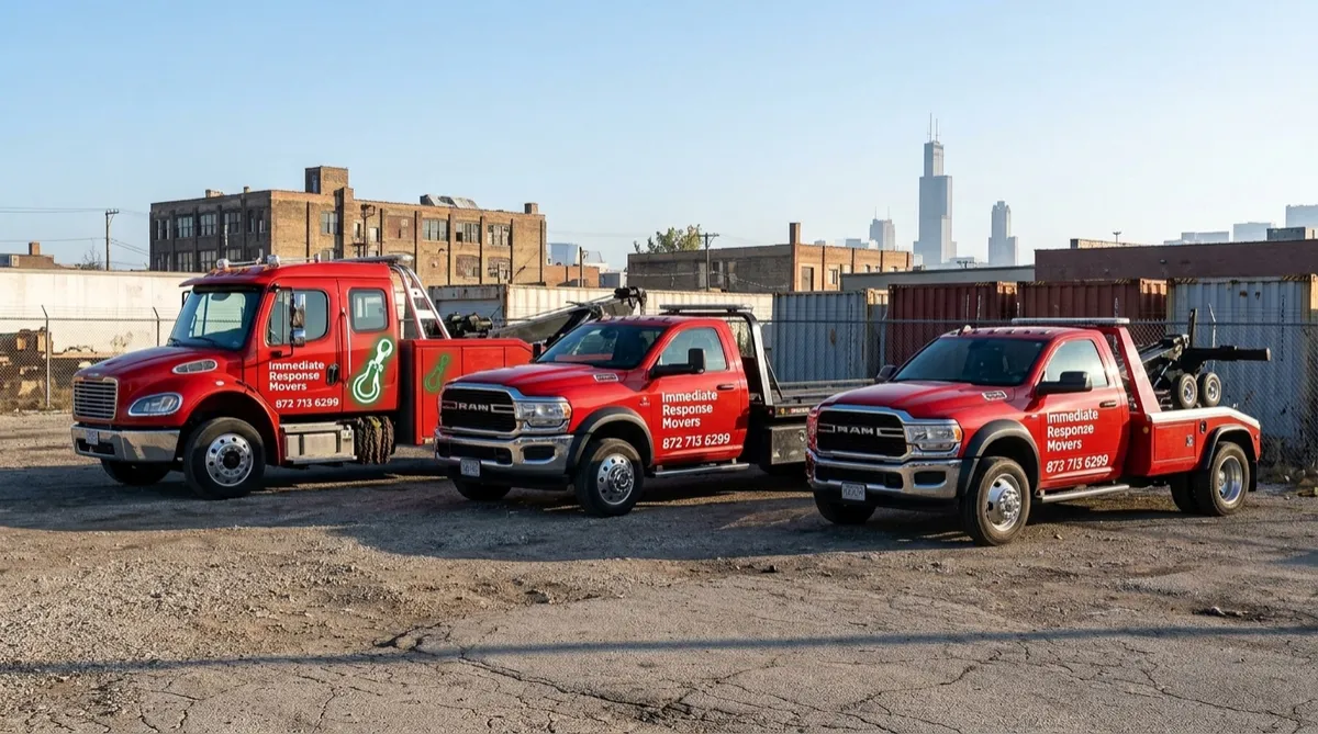 Immediate Response Movers tow truck fleet lined up ready to handle any towing job in Chicago