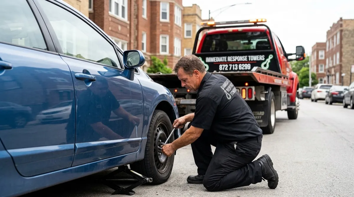 Roadside technician changing a flat tire on a car in Chicago instead of towing it