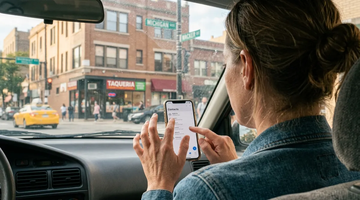 Driver comparing tow truck company phone numbers on her phone before calling one in Chicago