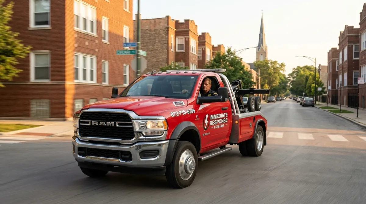 Red tow truck responding to a call on a quiet Chicago street on a Sunday