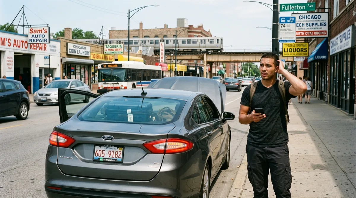 Traveler standing beside a broken down rental car on an unfamiliar Chicago street