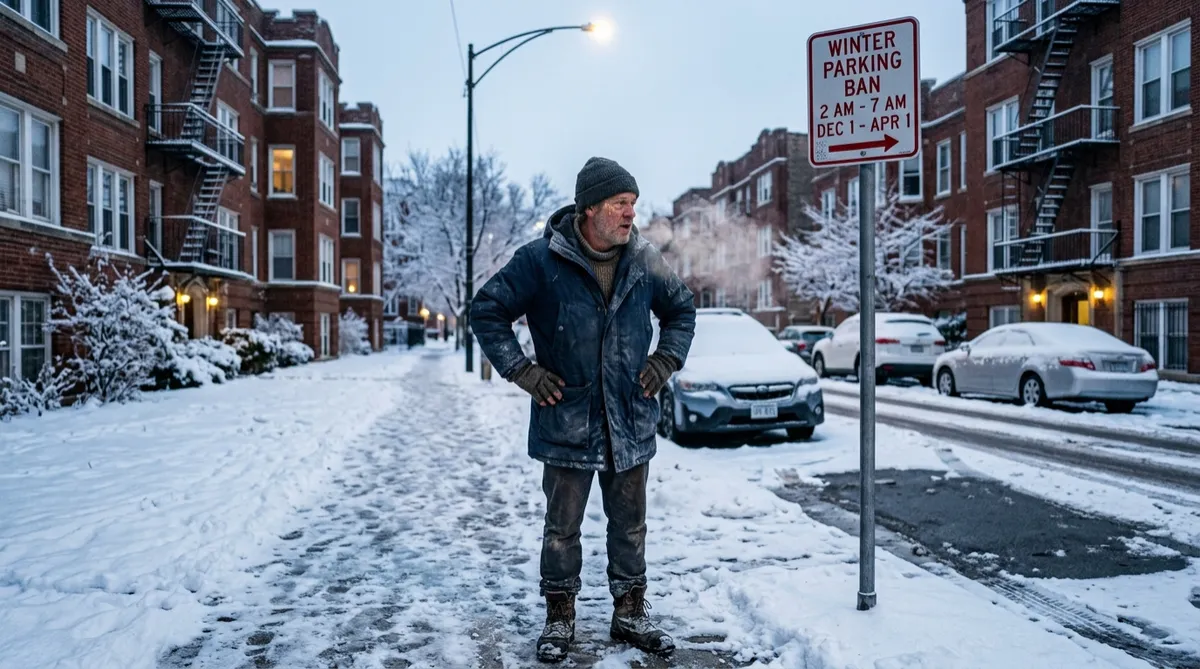 Driver staring at an empty parking spot beside a winter parking restriction sign on a snowy Chicago street