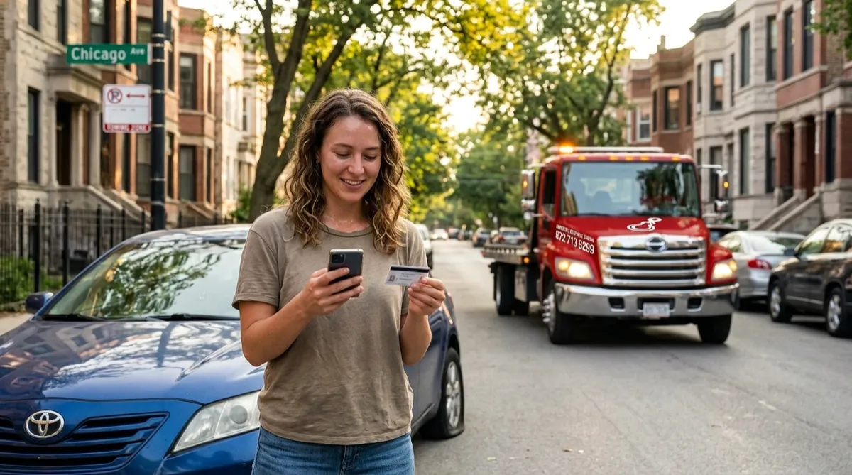 Relieved driver holding her phone and insurance card as a tow truck arrives on a Chicago street