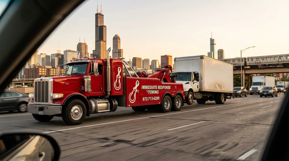 Red Immediate Response Towing heavy duty truck hauling a commercial box truck on a Chicago road