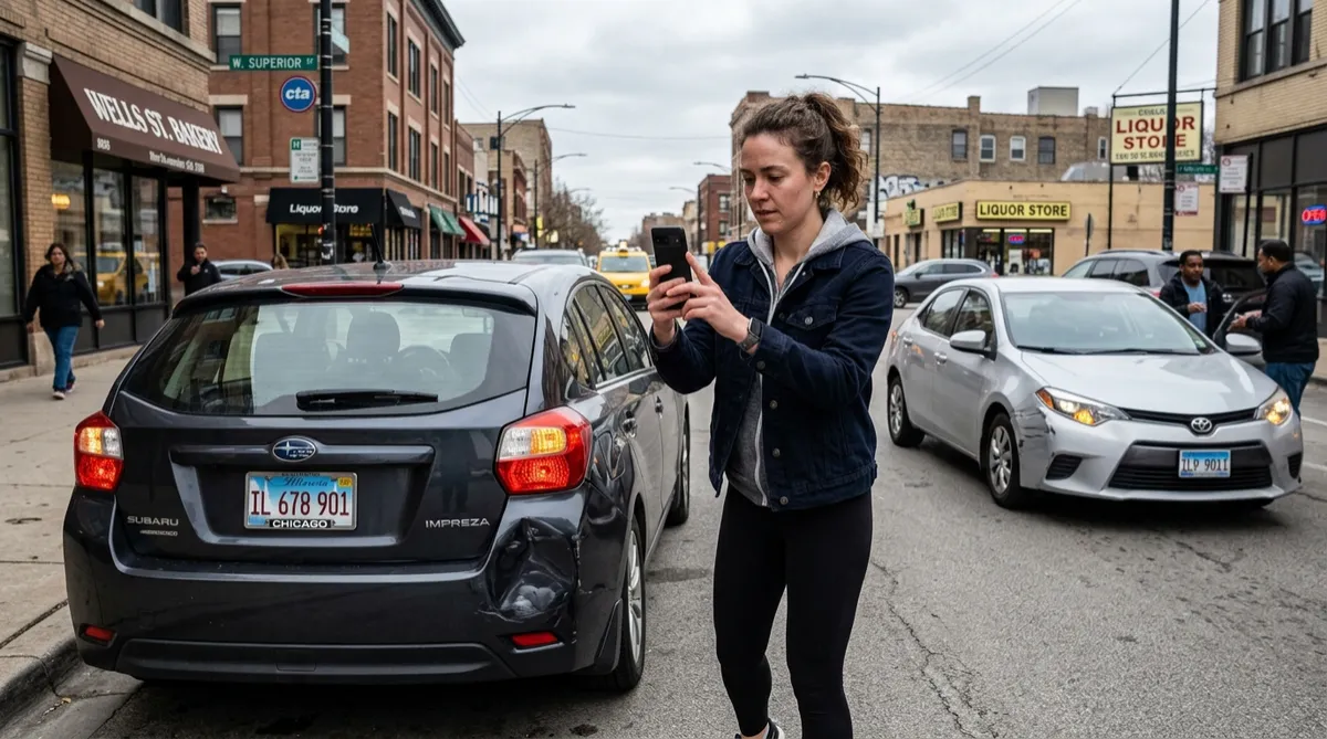 Driver documenting damage to her car with her phone before it gets towed after an accident in Chicago