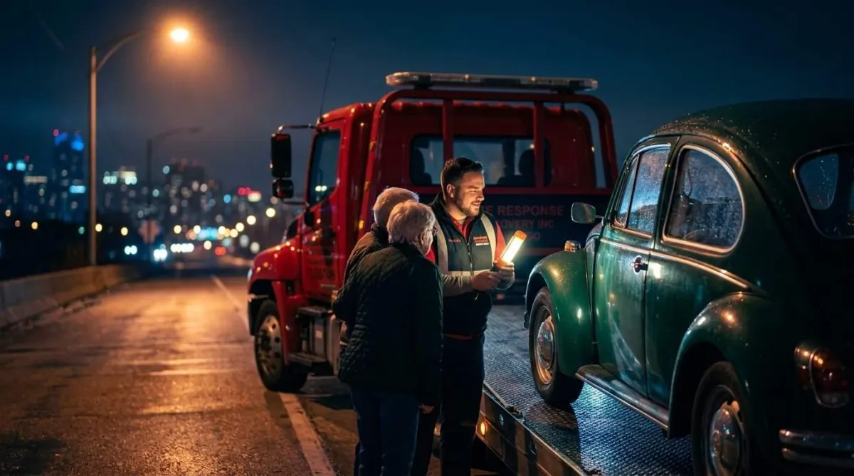 Long distance flatbed towing truck on the highway