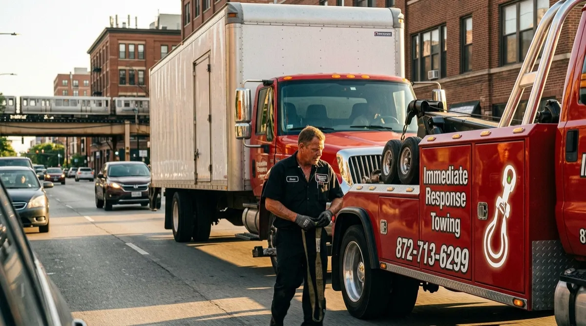 Red Immediate Response Towing heavy duty truck hauling a commercial box truck on a Chicago road