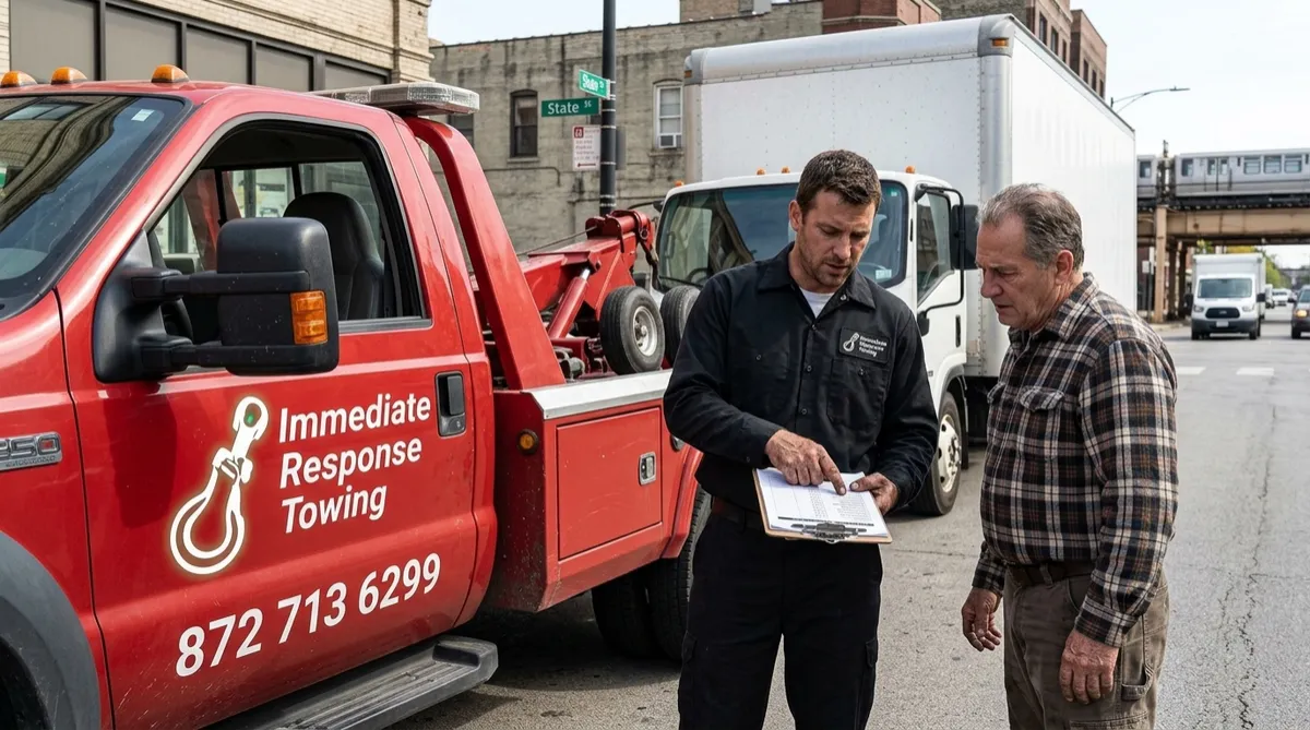 Heavy duty tow truck parked beside a large commercial truck on a Chicago street with a driver reviewing pricing