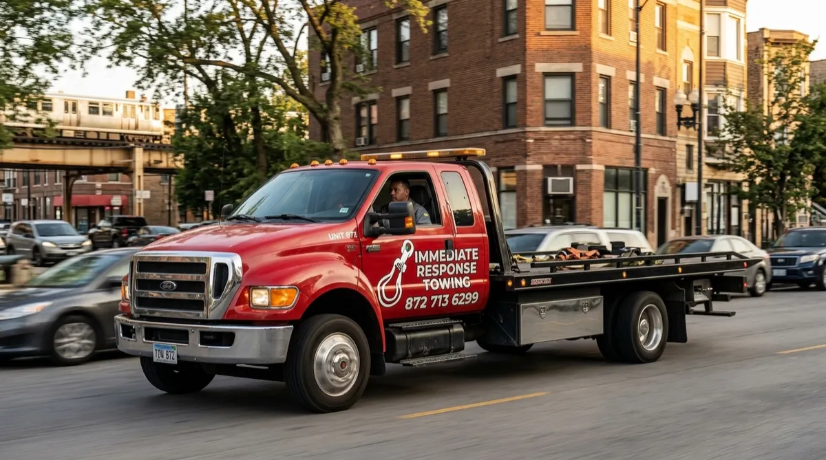 Immediate Response Towing tow truck driving through Chicago 