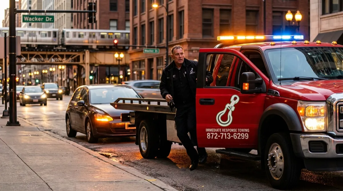Red Immediate Response Towing truck responding fast to a driver after a tow truck near me search in Chicago