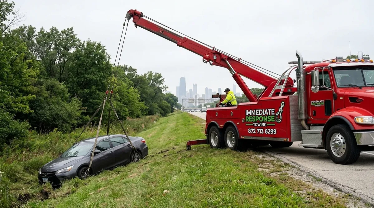  Boom tow truck using a crane style arm to lift a car out of a ditch near Chicago