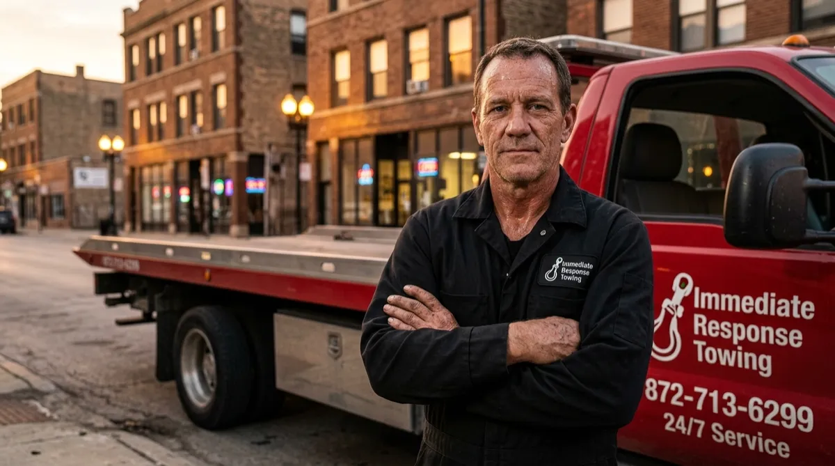  Immediate Response Towing crew member in branded black uniform standing beside a red tow truck on a Chicago street at dusk