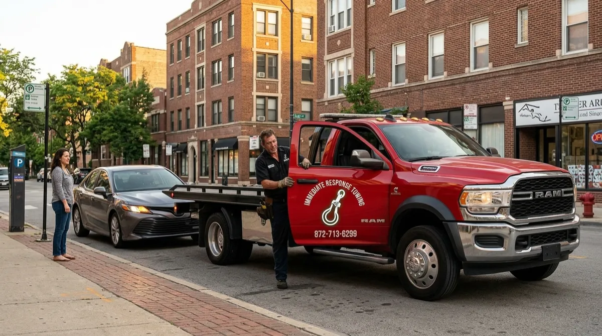 Red Immediate Response Towing truck arriving to help a stranded driver on a Chicago street at golden hour