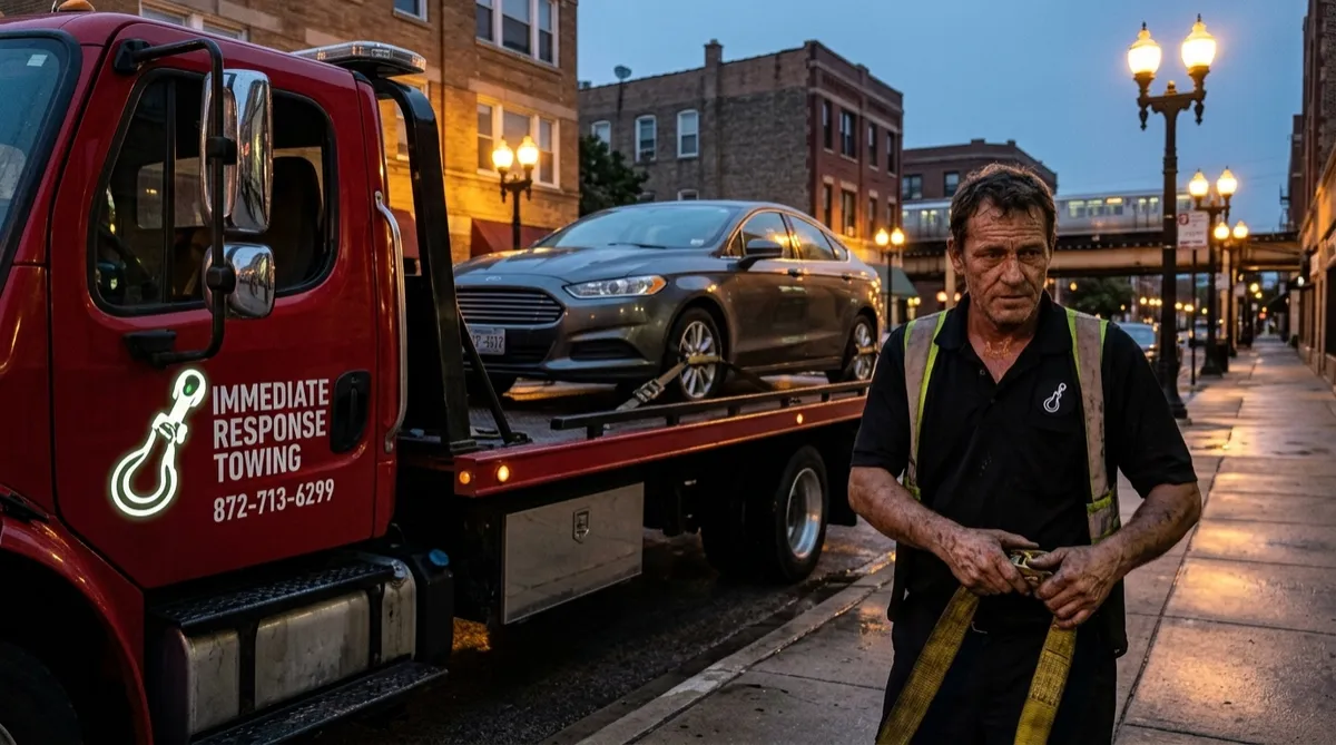 Red Immediate Response Towing truck securing a sedan on its flatbed at dusk on a Chicago street