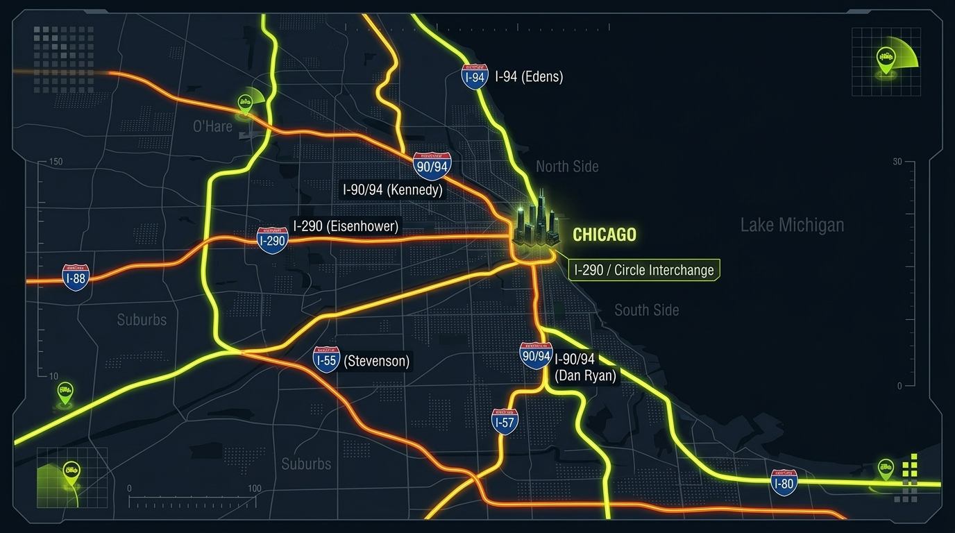 Chicago service area map highlighting expressways (I-90/94, I-290, I-55)