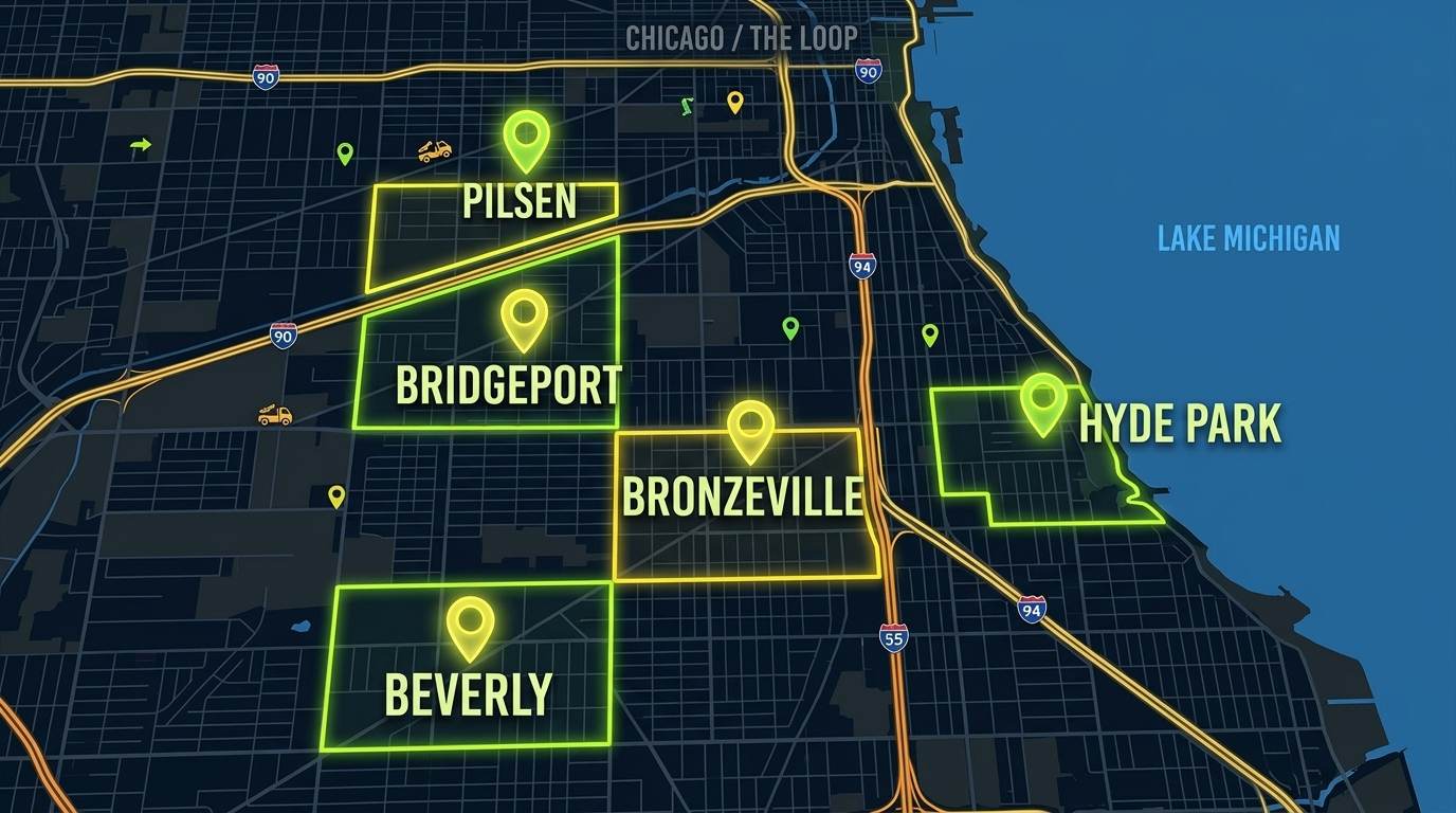 Map of South Side: Hyde Park, Bronzeville, Pilsen, Bridgeport, Beverly
