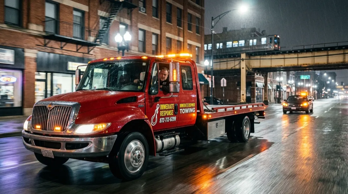 Red Immediate Response Towing truck arriving quickly on a Chicago street at night to help a stranded driver