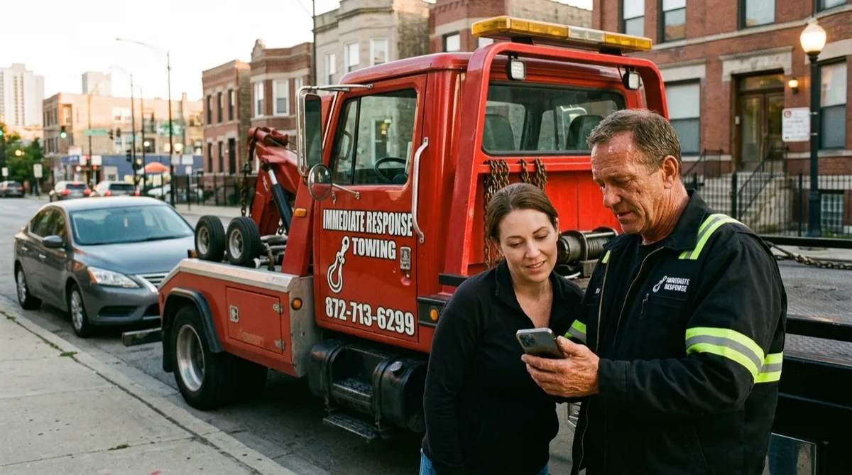  Immediate Response Towing operator in branded black uniform reviewing a towing quote with a customer beside a red tow truck in Chicago