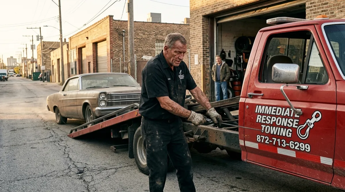 Immediate Response Towing operator in branded black uniform loading a project car onto a red flatbed outside a Chicago garage