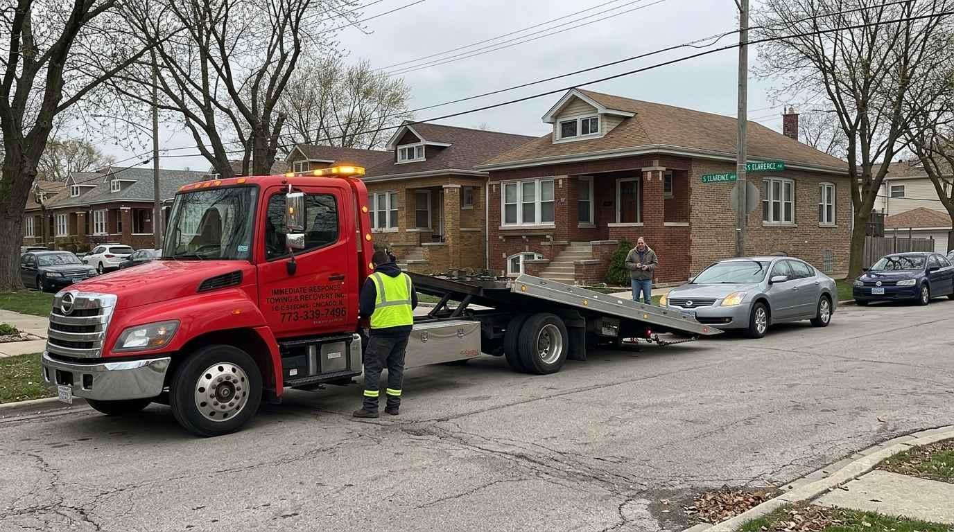Local tow truck providing roadside assistance in Berwyn IL residential neighborhood"