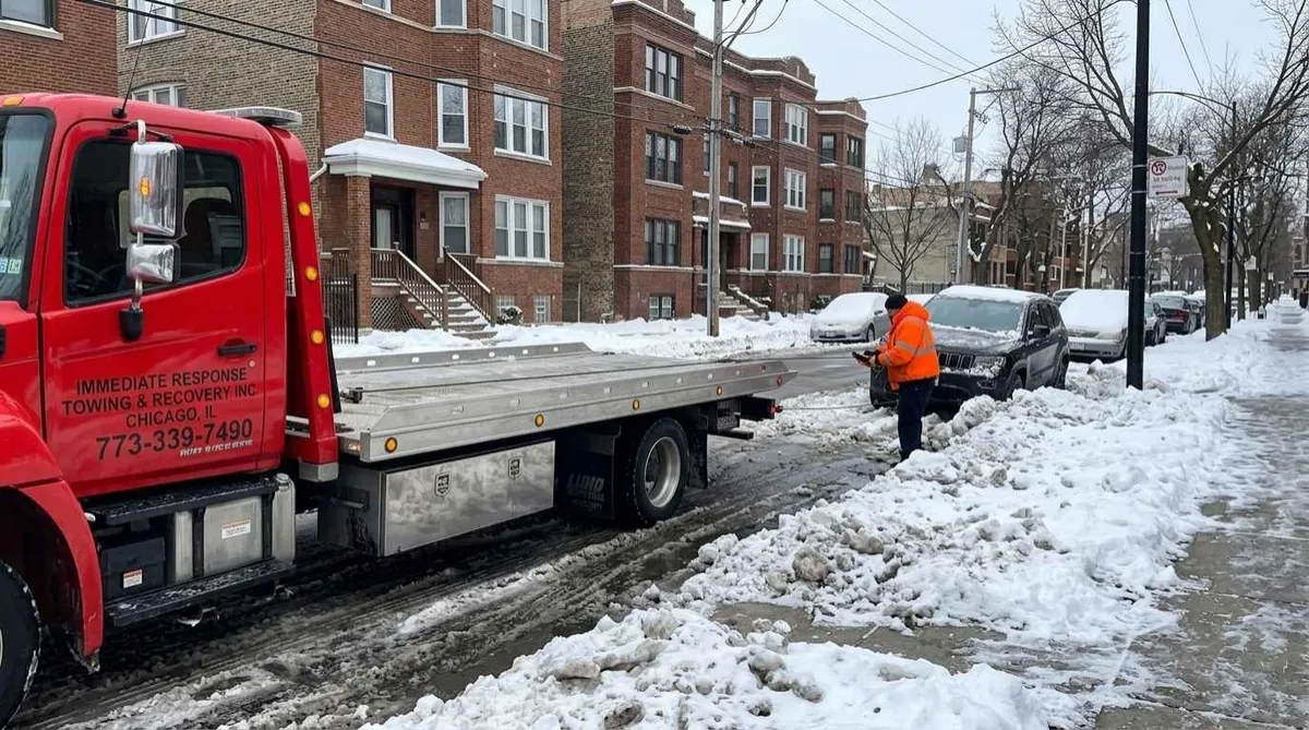 Tow truck winching a vehicle from a snowbank on a residential street, Lincoln Park winter