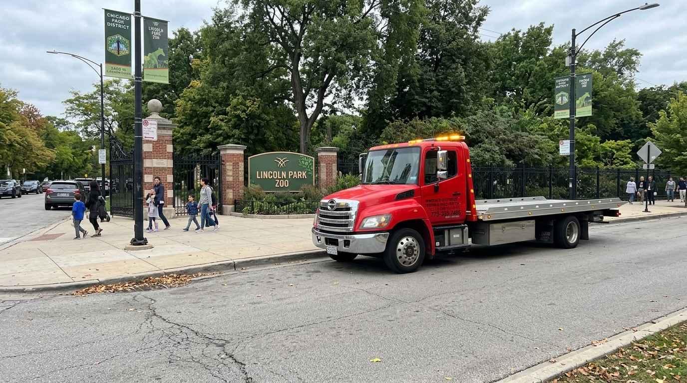 Tow truck near Lincoln Park Zoo entrance at 2400 N Cannon Drive