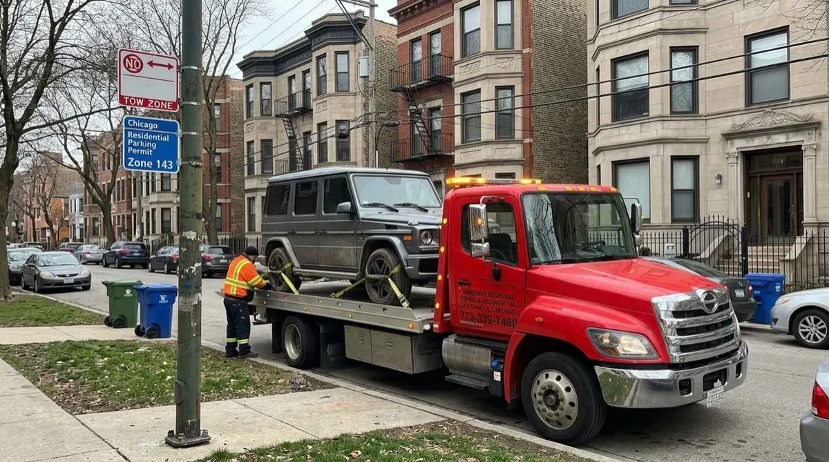 Flatbed towing service in Lincoln Park Chicago transporting a luxury vehicle from a residential parking area