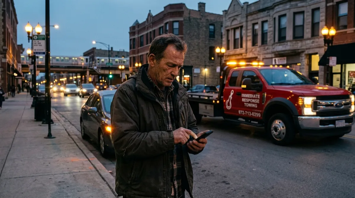 Stranded driver requesting a tow on a smartphone while a red Immediate Response Towing truck approaches on a Chicago street