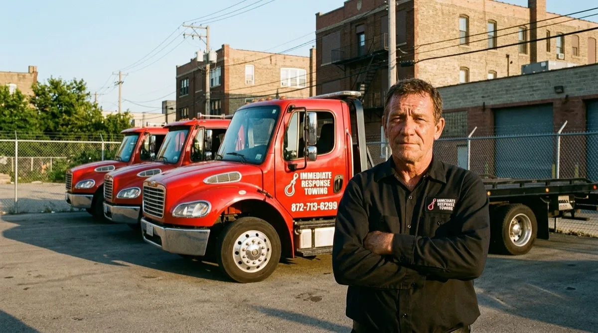 Several red Immediate Response Towing trucks lined up outside a Chicago yard with a tow operator in branded black uniform standing in front