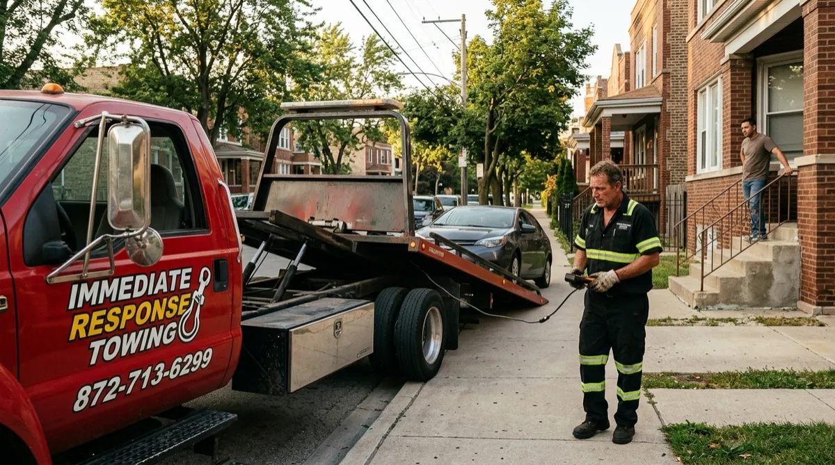 Red Immediate Response Towing flatbed unloading a sedan in a Chicago driveway while a tow operator in branded black uniform guides it and the owner watches