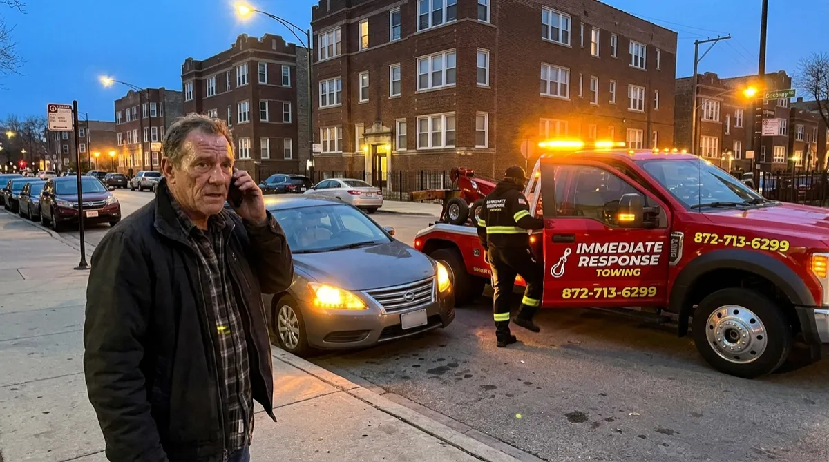 Driver on a Chicago sidewalk making a phone call beside a stalled car while a red Immediate Response Towing truck arrives with a tow operator in branded black uniform