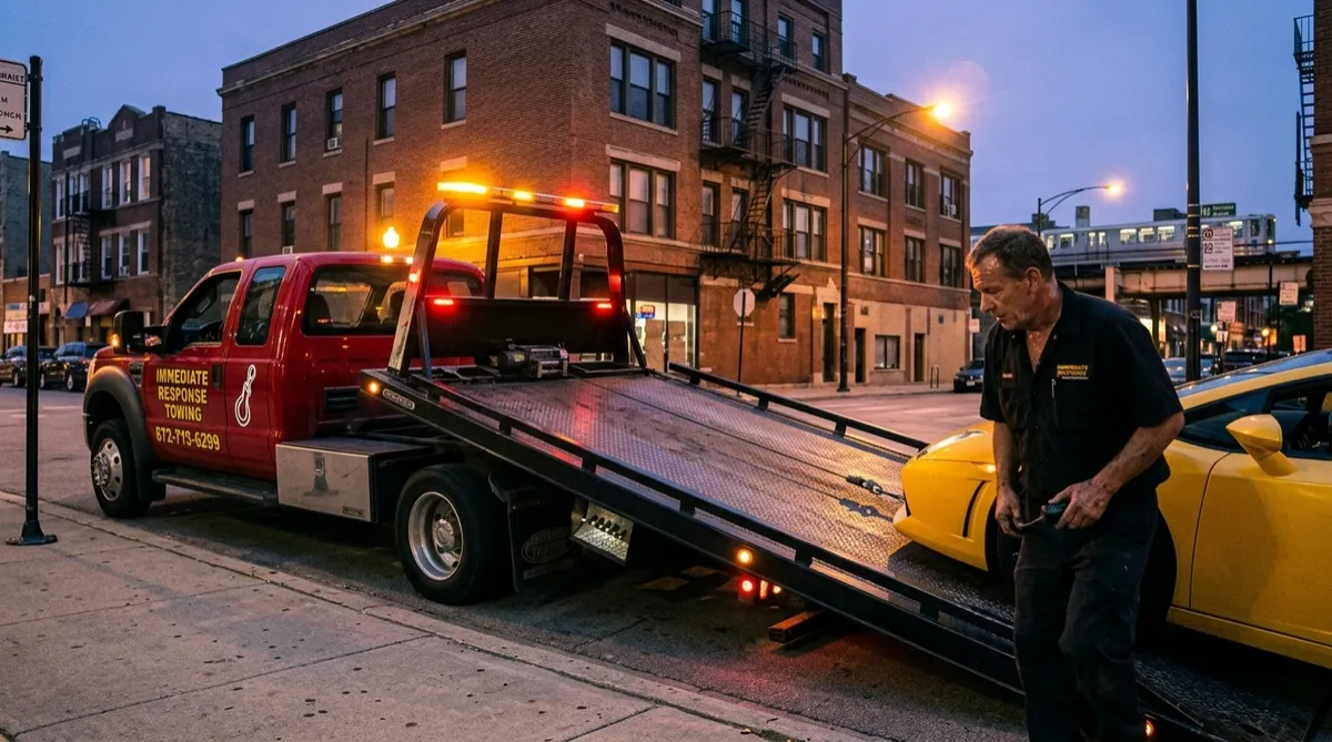 Red Immediate Response Towing flatbed carefully loading a low exotic sports car at dusk in Chicago