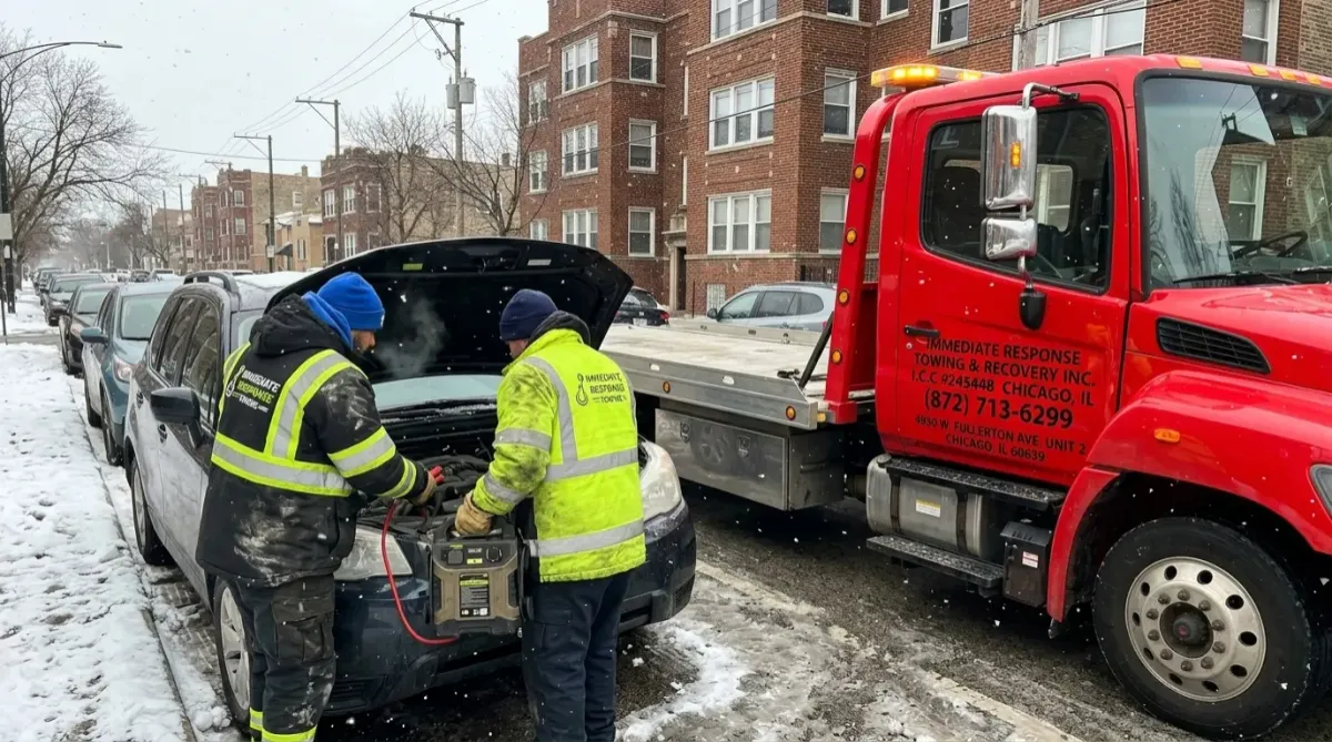 IRTC Technician Jump starting SUV in Chicago winter conditions