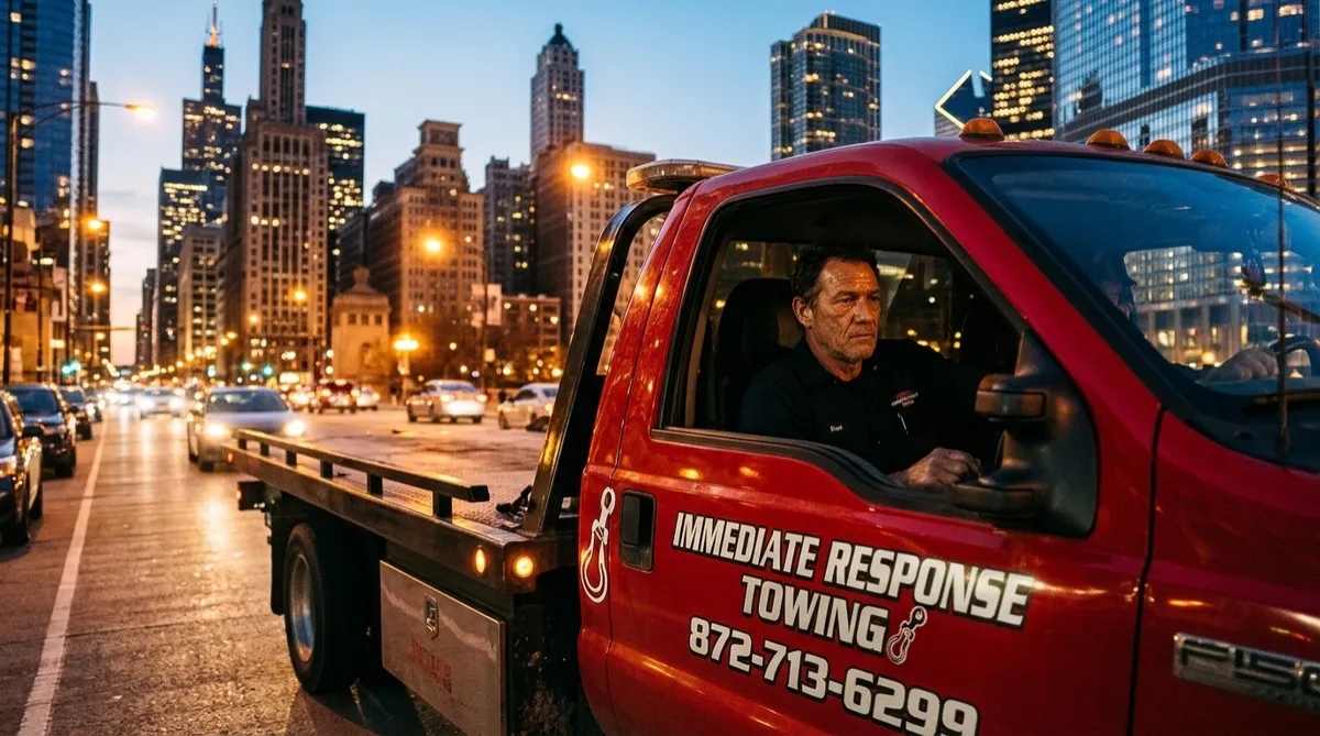 Red Immediate Response Towing truck on a Chicago street at dusk with the city skyline behind it