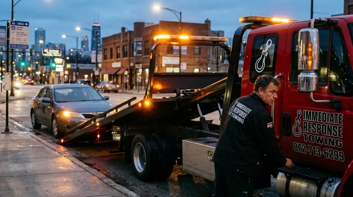Red Immediate Response Towing flatbed tow truck parked at a Chicago roadside ready to haul a stalled car