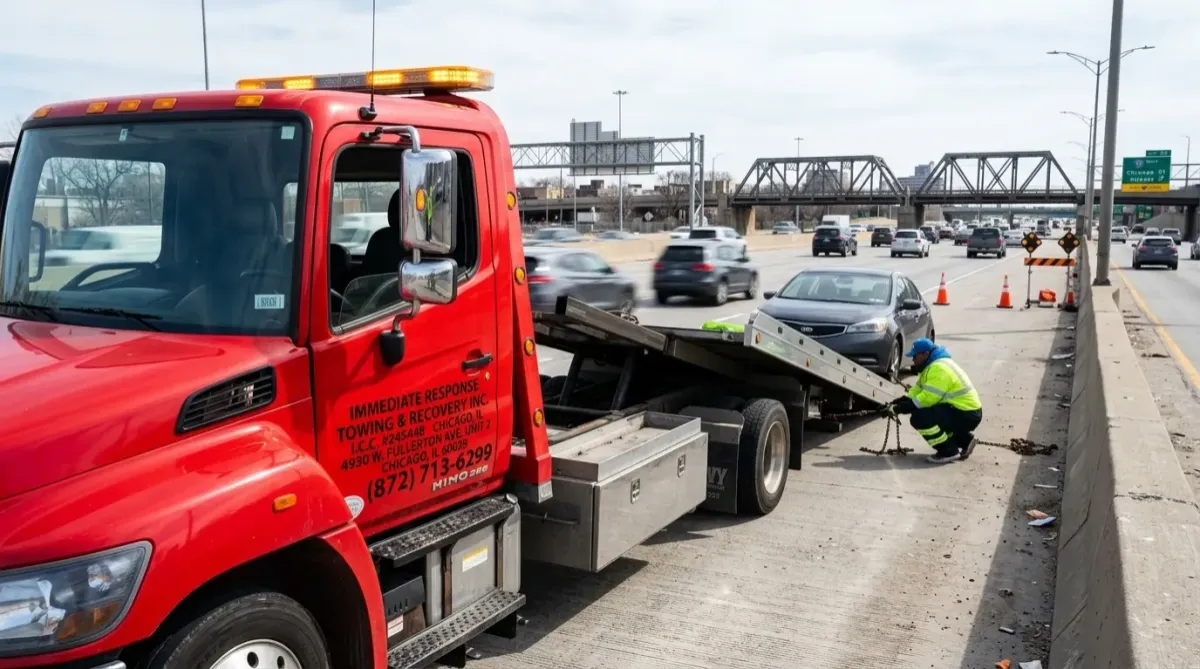 Tow truck recovering car from Unsafe busy traffic Roadside