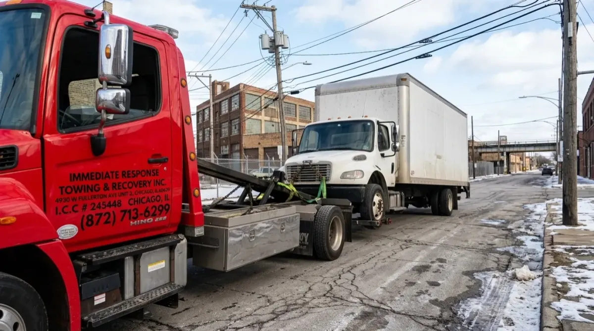 Tow truck towing commercial box truck at the highway
