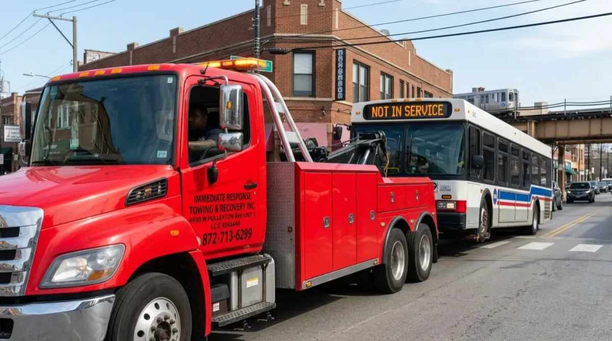 Tow truck towing out-of-service city bus towards workshop