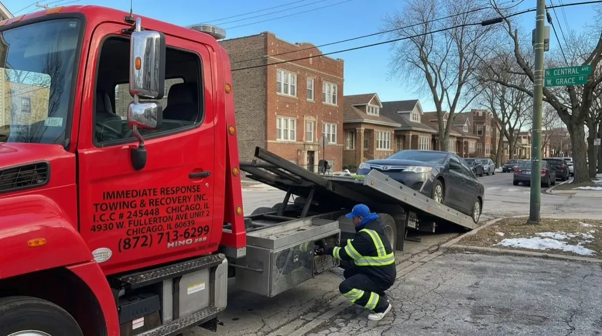 Flatbed tow truck loading a disabled car in Portage Park Chicago ZIP code 60630