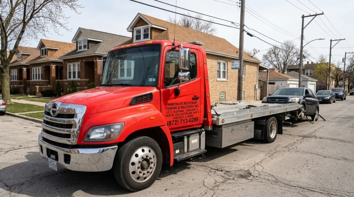 Flatbed Towing truck transporting vehicle in Portage Park