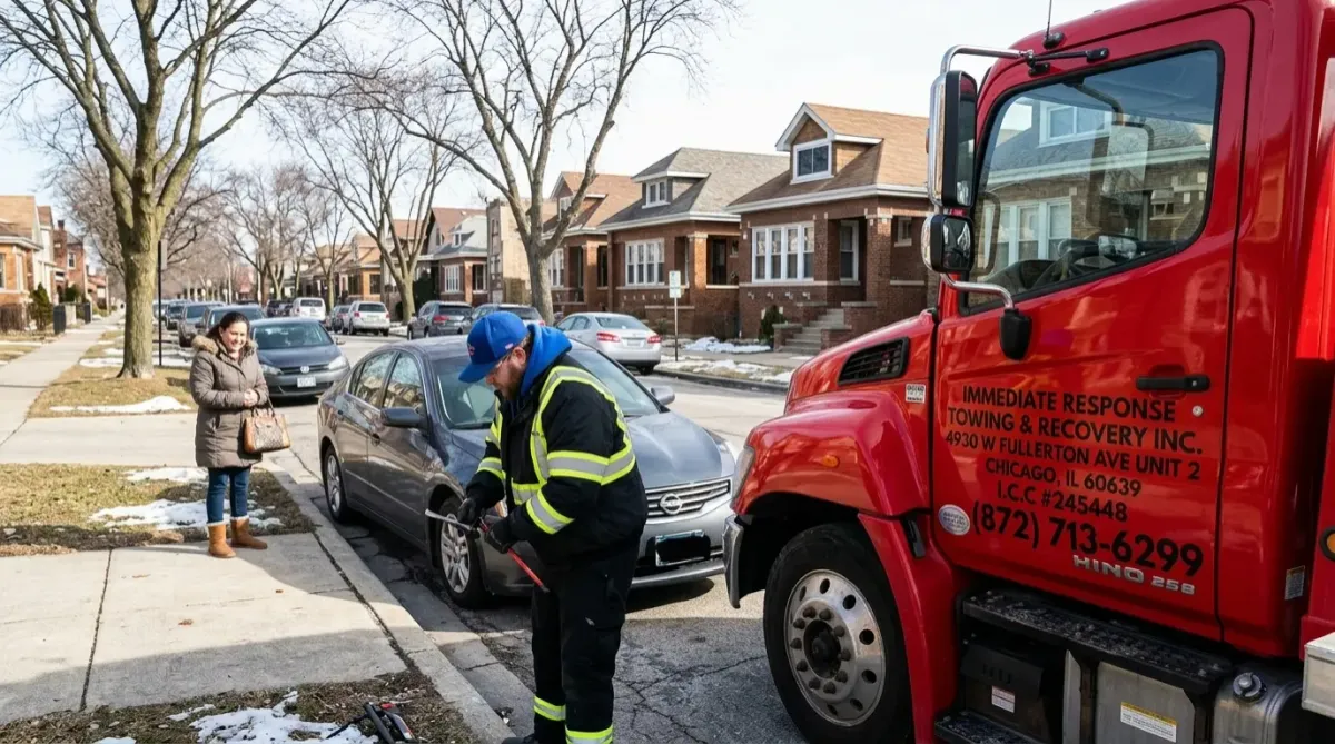 Technician changing flat tire in Portage Park