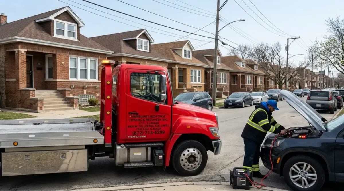 Technician jump starting vehicle in Portage Park
