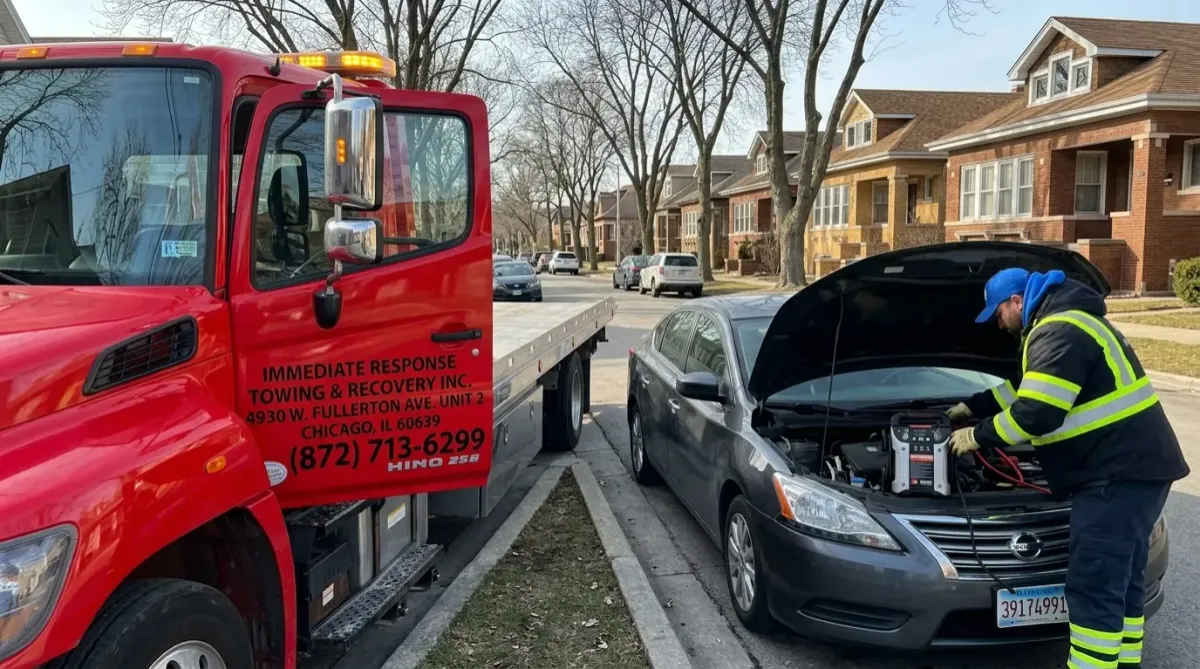 Roadside assistance technician performing a jump start in Portage Park Chicago