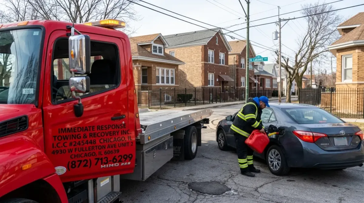 Technician delivering fuel to vehicle in Portage Park
