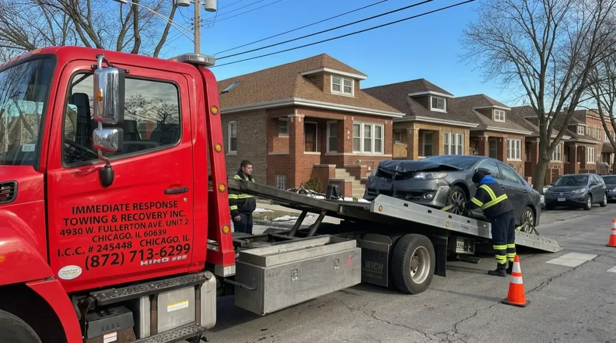 Tow truck performing accident recovery i Portage Park