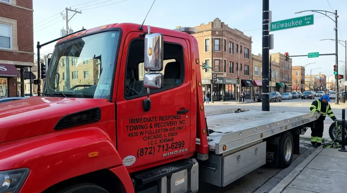 Tow truck providing towing service in Portage Park Chicago near Milwaukee Avenue