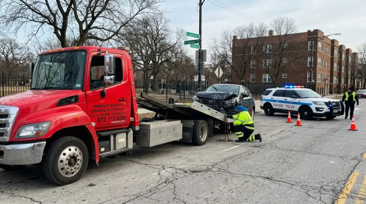 Flatbed truck extracting damaged vehicle after accident