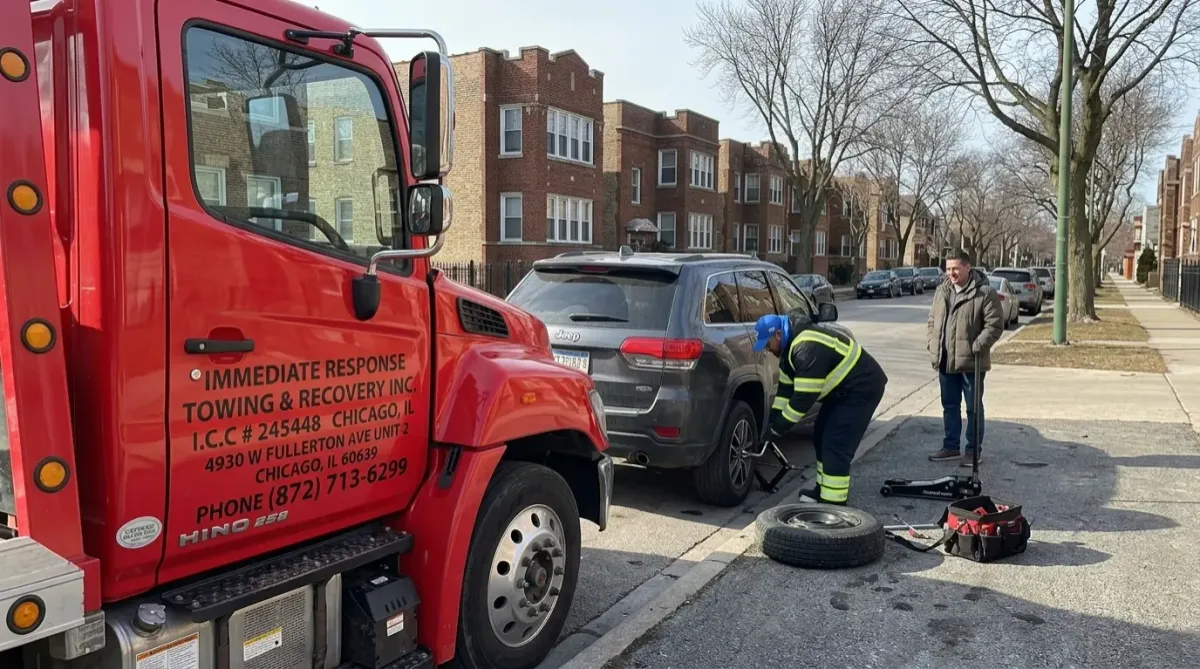 IRTC Technician changing flat tire in Humboldt Park
