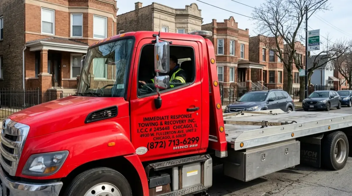 Tow truck transporting vehicle