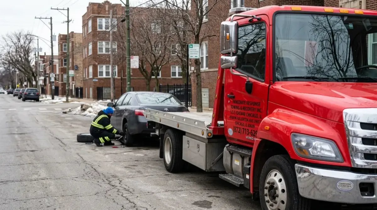 Flat Tire Change Service- Tow truck parked behind car